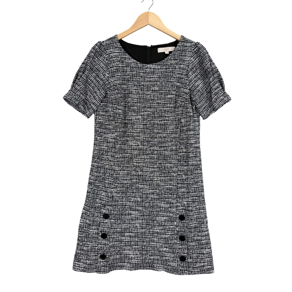 Loft Tweed Shift Dress Womens 4 Black White Textured Button Detail Puff Sleeve